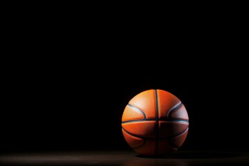 Obraz premium Orange basketball ball resting on hardwood court with dramatic lighting on black background
