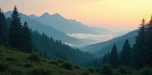 Naklejka premium forest clearing misty mountains pine trees dawn, forest clearing, serene landscape, natural scenery