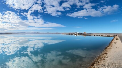 A panoramic shot capturing the symmetrical reflection of a wharf in the undisturbed blue waters of Port Lincoln