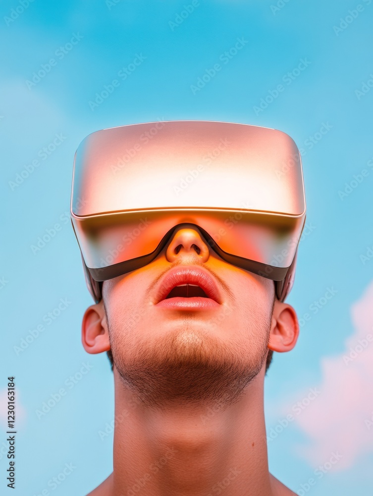 Poster futuristic vr experience male exploring digital realities with reflective headset - immersive tech c