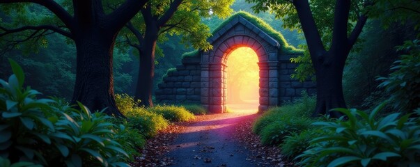Forest path leads to a shimmering, iridescent gate, foliage, tree, glowing