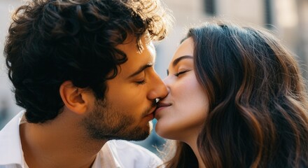 Naklejka premium Romantic moment between young multiracial couple in urban setting