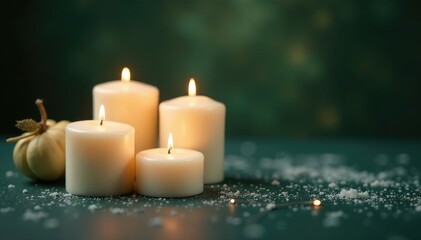 Four white candles sit on a dark moody green brown background with some twinkle lights, frosty, icy, ambiance