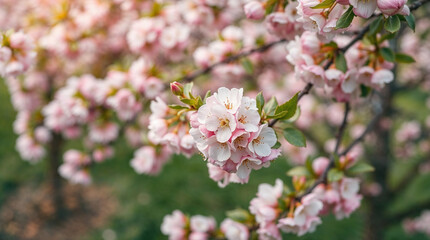 Beautiful pink and white cherry blossom flowers blooming on branch in spring