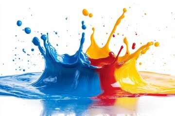 Vibrant blue, red, and yellow paint splash isolated on white background.