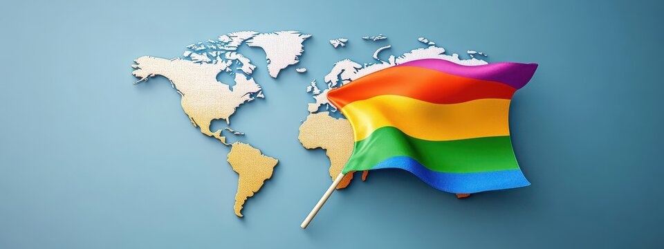 Vibrant Rainbow Flag Waves Proudly Against a World Map Emphasizing Diversity and Inclusion Celebrating LGBTQ Rights in a Global Context