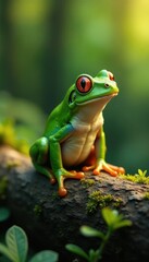 Naklejka premium Frosch sitzt auf Styroporresten in der Seitenansicht mit Bl?ttern und Zweigen, zweige, natur