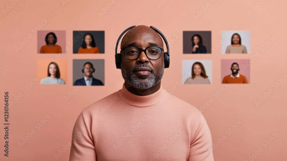 Poster Warm Minimalist Virtual Volunteering Middle-Aged Black Man in Peach Sweater on Online Mentorship Zoom Call - Empathetic Digital Empowerment and Remote Networking for Business Growth