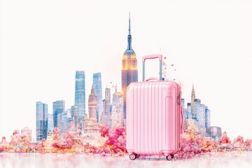 Obraz premium Travel essentials featuring a suitcase and passport with glowing landmarks on a white background