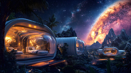 resort with visitors enjoying panoramic views of a distant galaxy 