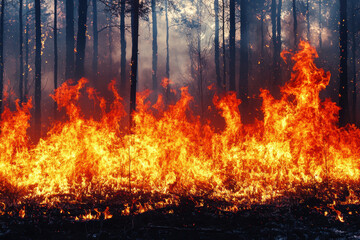 vibrant display of glowing flames engulfing forest, creating dramatic scene. intense fire contrasts with dark trees, evoking sense of urgency and