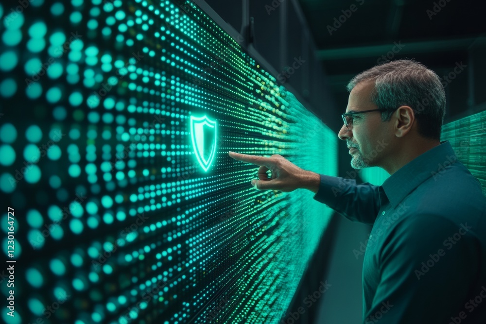 Leinwandbilder cybersecurity symbiosis in modern data centers middle-aged man engages with led-glowing server and d