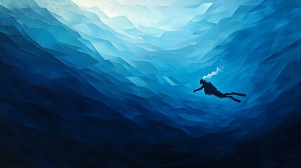 A scuba diver in full gear swims slowly beneath the tranquil surface of a vast ocean, deep blues blending into the shadows of the deep sea