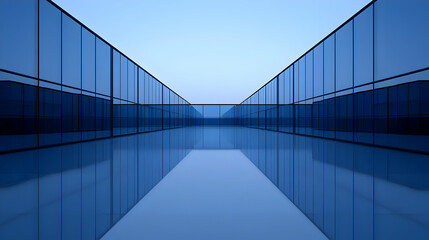 Modern glass corridor, city reflections, serene sky. Architecture design