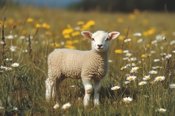 Obraz premium Adorable lamb standing in a sunny meadow filled with wildflowers, including daisies and yellow blooms, creating a peaceful and rural springtime scene