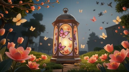 A lantern surrounded by butterflies and flowers.