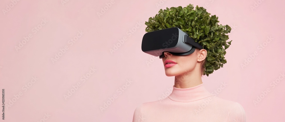 Poster futuristic playful vr woman with leaf-textured helmet in interactive tech display - fashion-forward 