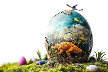 Isolated in white background no shadow on background, A planet celebrates Easter with a traditional hunt for eggs, but this year the eggs have been replaced with dangerous creatures.