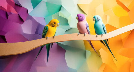 Three multicolour Budgerigar birds, budgies, domestic pets on wooden rail against stylish geometric background in magenta, yellow and blue