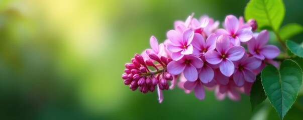 Obraz premium Lilac flowers and leaves cascade from a branch, blooming, flowers