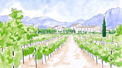 Artistic watercolor illustration of a vineyard with lush grapevines, a historic castle in the background, and scenic mountain views. Generative by AI