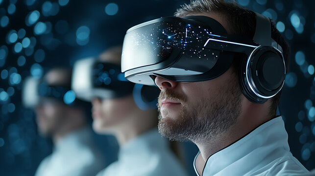 Startup team utilizing virtual reality tools for simulation modern office innovative technology digital workspace close-up view futuristic concept