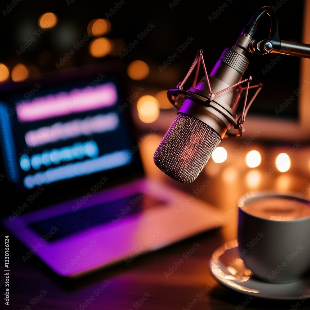Aufkleber cozy podcasting hub sleek microphone on boom arm with laptop and coffee - digital content creation a