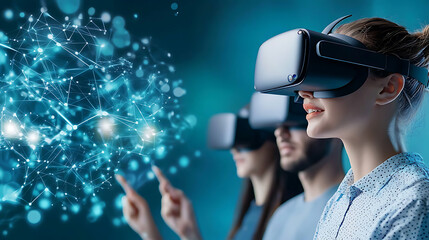 Startup team utilizing virtual reality tools for simulation in innovative technology workspace engaging digital collaboration environment professional perspective