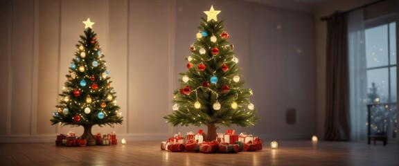 Luminous Christmas tree with glowing ornaments and lanterns , Glowing Ornaments, Luminous Tree, Soothing Atmosphere