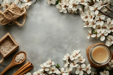 Obraz na płótnie Canvas Delicate cherry blossoms, candle, oat flakes, cinnamon sticks composing serene spring themed frame on gray concrete surface copy space