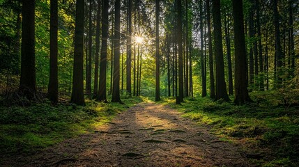 Fototapeta premium Sunlit Forest Path: A Tranquil Escape into Nature's Embrace