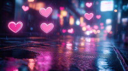 Fototapeta premium romantic sci-fi setting with glowing pink hearts in a futuristic city