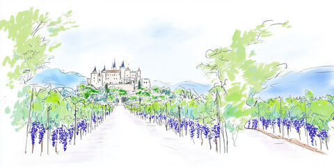 Artistic watercolor illustration of a vineyard with lush grapevines, a historic castle in the background, and scenic mountain views. Generative by AI