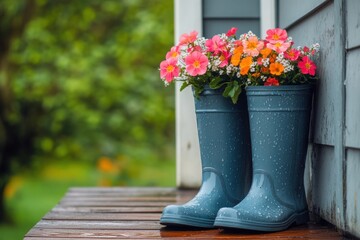 Two blue rubber boots repurposed as planters, filled with vibrant pink, orange, and white flowers, placed on a wet wooden porch with a green garden in the background