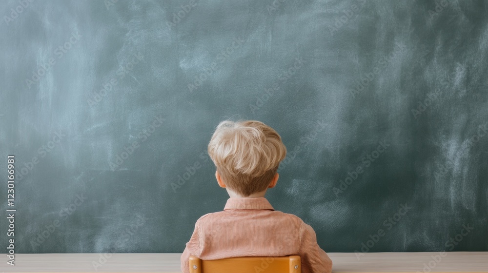 Poster modern educational space young student in minimalist classroom - chalkboard focused learning environ