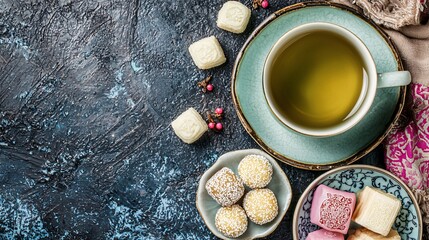 minimalist composition featuring a single cup of Dragon Well tea and a small plate of traditional Chinese sweets, with ample copy space. Dragon Well Green Tea 