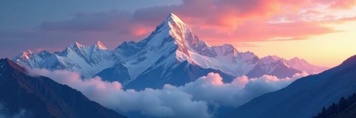 Majestic Himalayan peaks Annapurna IV and II shrouded in misty clouds at sunset, mountains, mountain range, snow capped