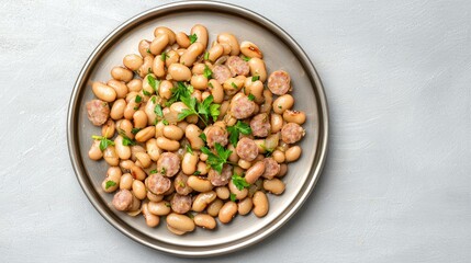 Fototapeta premium Famous Food of Brazil concept. Cooked beans with meat and herbs on a plate