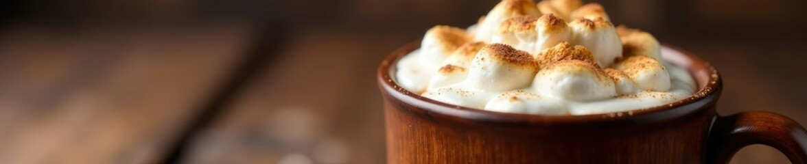 Marshmallow-topped hot cocoa in a wooden mug with a hint of vanilla and caramel, rustic, chocolatey