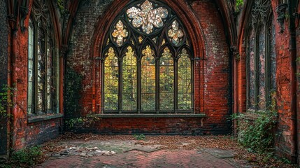 Fototapeta premium Gothic Ruins: A Serene Autumn Window