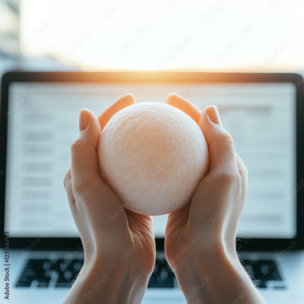 Poster Mindful Office Microbreak Close-Up Soft Foam Ball and Blurred Laptop - Stress Relief for Enhanced Business Productivity in Tech-Driven Workspaces