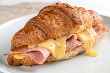 Melted cheese and thinly sliced ham peeking out from the layers of a buttery croissant, soft focus, white background, cheese, close-up