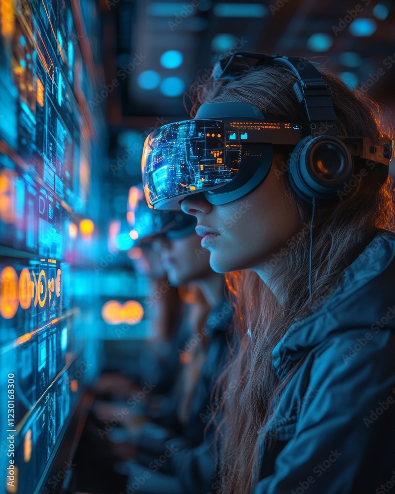 Aufkleber Futuristic Digital Collaboration Diverse Team Using VR Headsets with Holographic Displays in Tech-Forward Workspace - Global Project Engagement and Virtual Solutions