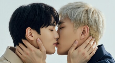 Intimate moment between two young asian men embracing diversity and love