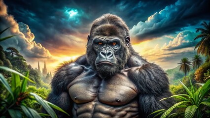 Obraz premium Furious Gorilla Double Exposure: Nature's Raw Power Stock Photo