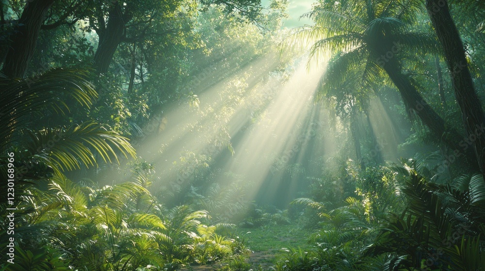Poster sunlight cascades through the dense canopy, illuminating the vibrant greenery of the forest. the tra