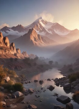 Misty sunrise over Aconcagua Laguna de Horcones, Andes mountains, serene landscape