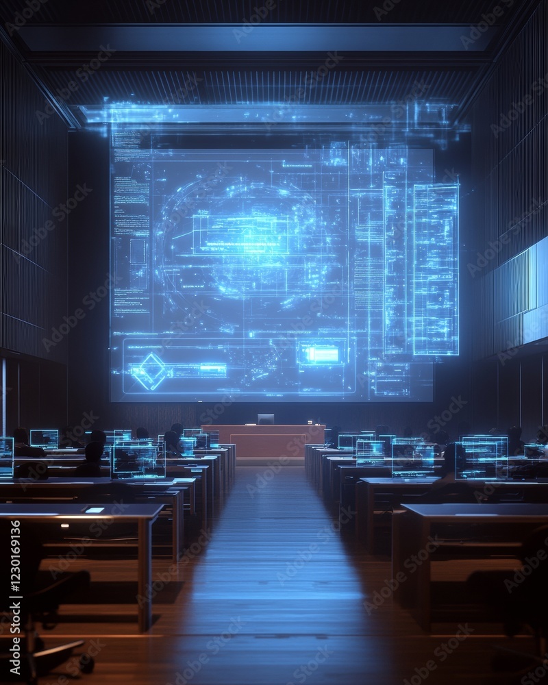 Poster Futuristic AR-Driven Lecture Hall Holographic Displays and Interactive Learning for Tech Education - Cutting-Edge Academic Spaces with Digital Interface and Smart Integration