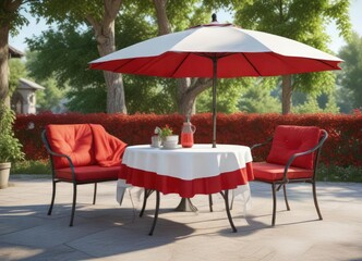 Obraz premium Red cushioned patio table with a white tablecloth and umbrella, blue sky, summer, wooden chair