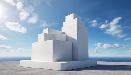 Modern white pedestal stand with four levels against blue sky backdrop, presentation, levels, marketing, clouds